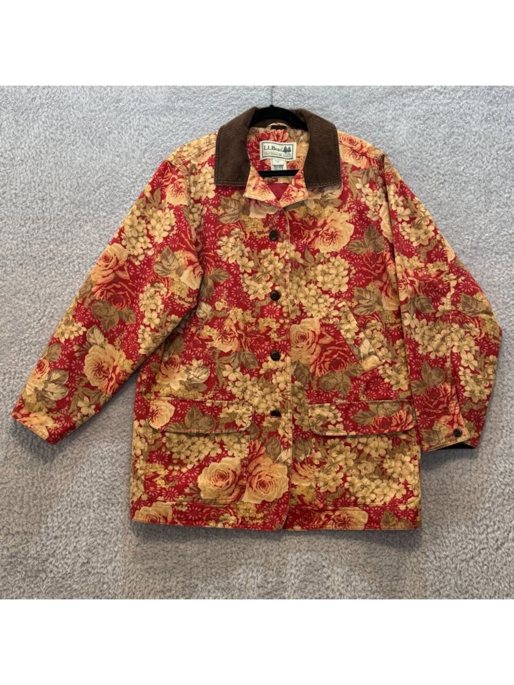 Vintage LL Bean Floral Canvas Barn Coat Womens 1X Rustic Corduroy Collar Cottage